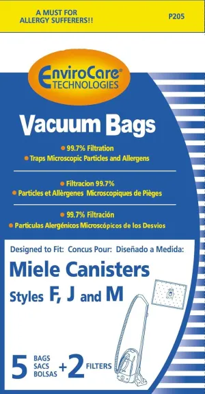EnviroCare Replacement Vacuum Cleaner Bags made to fit Miele F, J, M Canisters 5 pack with 2 filters
