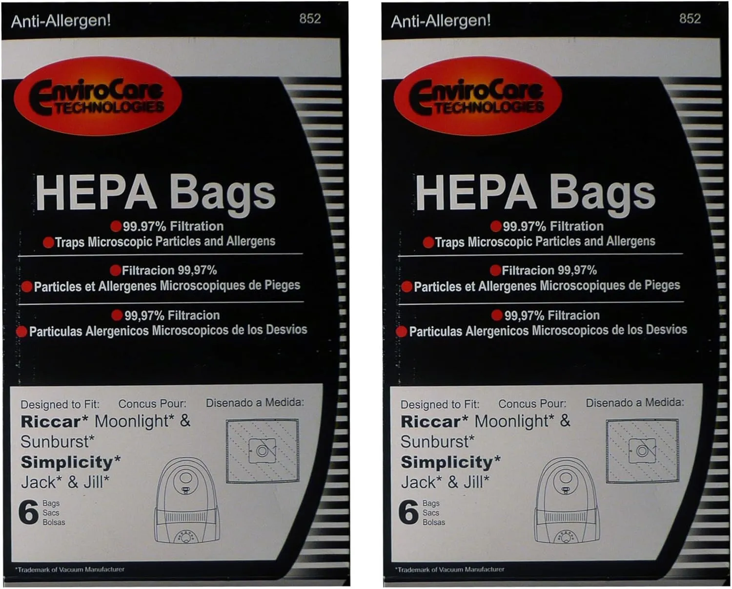EnviroCare Technologies Canister Hepa Bags, Compatible with Simplicity Jack Jill Riccar Moonlight, Sunburst Vacuum Cleaners, 12 Vacuum Bags