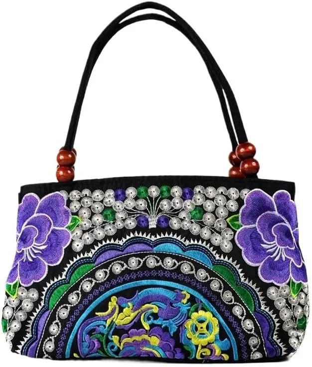 Ethnic Embroidery Handbag - Double-layer Two-way Zipper Bag with Wooden Beads for Portable Use
