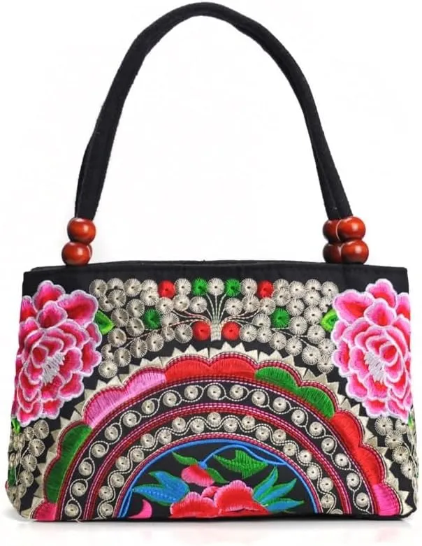 Ethnic Embroidery Handbag - Double-layer Two-way Zipper Bag with Wooden Beads for Portable Use