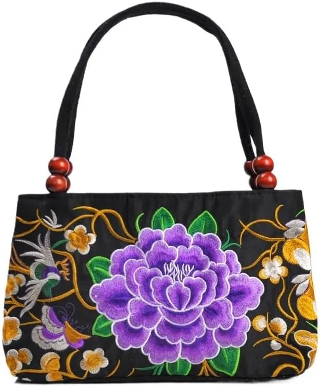 Ethnic Embroidery Handbag - Double-layer Two-way Zipper Bag with Wooden Beads for Portable Use