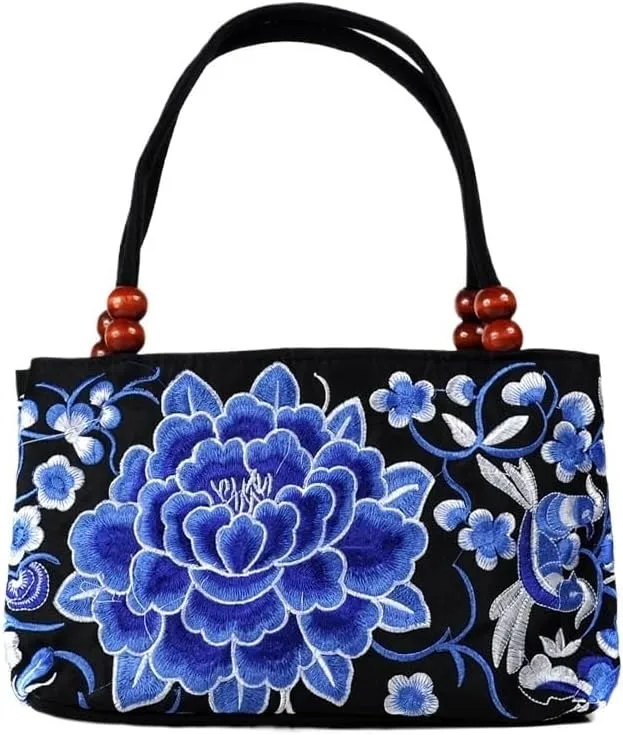 Ethnic Embroidery Handbag - Double-layer Two-way Zipper Bag with Wooden Beads for Portable Use