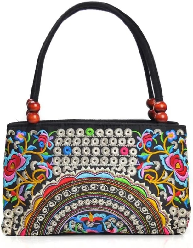 Ethnic Embroidery Handbag - Double-layer Two-way Zipper Bag with Wooden Beads for Portable Use