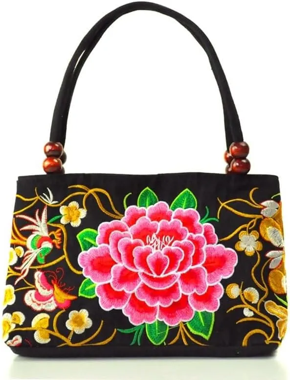 Ethnic Embroidery Handbag - Double-layer Two-way Zipper Bag with Wooden Beads for Portable Use