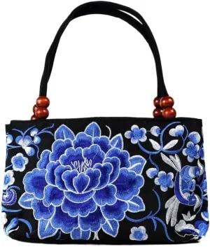 Ethnic Embroidery Handbag - Double-layer Two-way Zipper Bag with Wooden Beads for Portable Use