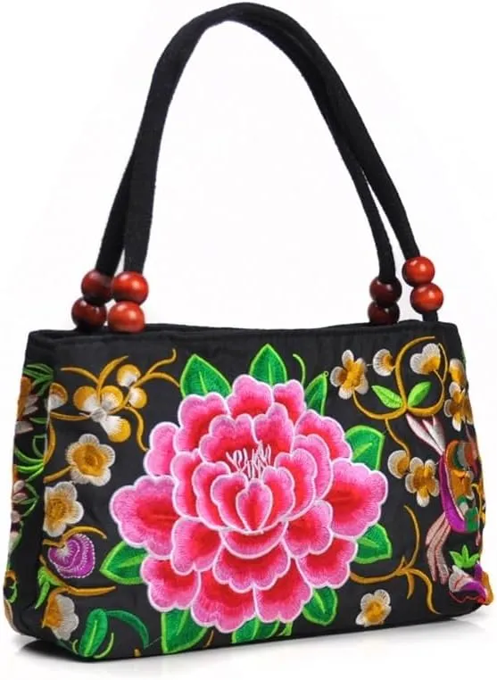 Ethnic Embroidery Handbag - Double-layer Two-way Zipper Bag with Wooden Beads for Portable Use