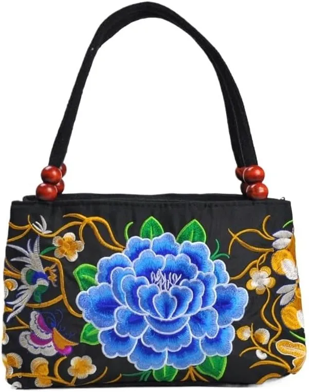 Ethnic Embroidery Handbag - Double-layer Two-way Zipper Bag with Wooden Beads for Portable Use