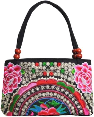 Ethnic Embroidery Handbag - Double-layer Two-way Zipper Bag with Wooden Beads for Portable Use