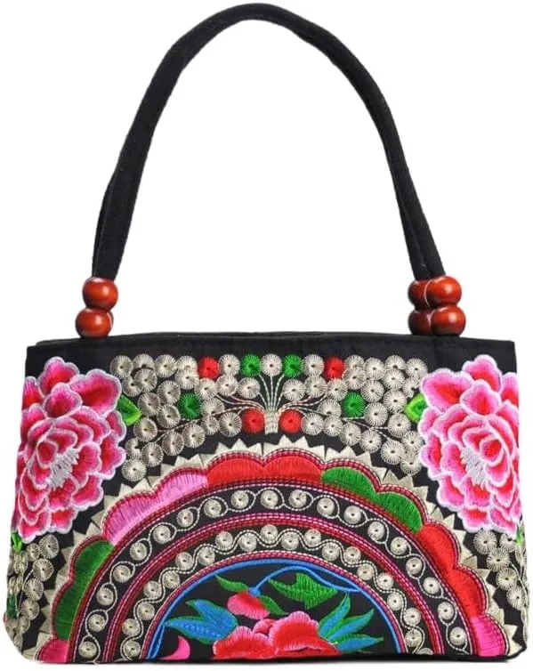 Ethnic Embroidery Handbag - Double-layer Two-way Zipper Bag with Wooden Beads for Portable Use