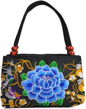 Ethnic Embroidery Handbag - Double-layer Two-way Zipper Bag with Wooden Beads for Portable Use