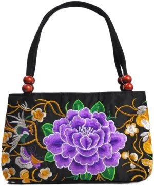 Ethnic Embroidery Handbag - Double-layer Two-way Zipper Bag with Wooden Beads for Portable Use