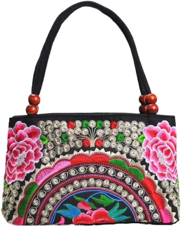 Ethnic Embroidery Handbag - Double-layer Two-way Zipper Bag with Wooden Beads for Portable Use
