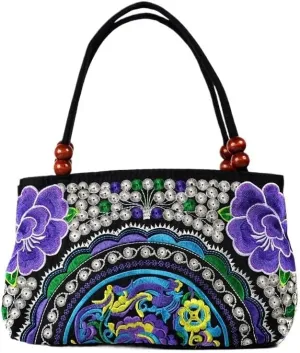 Ethnic Embroidery Handbag - Double-layer Two-way Zipper Bag with Wooden Beads for Portable Use