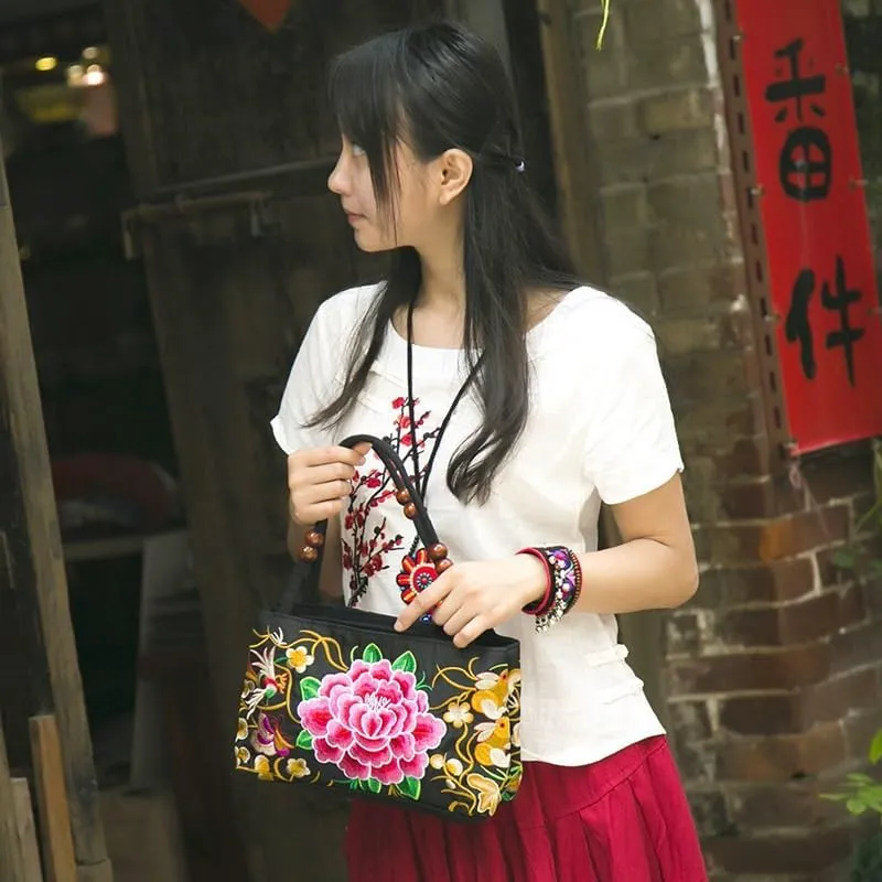 Ethnic Embroidery Handbag - Double-layer Two-way Zipper Bag with Wooden Beads for Portable Use