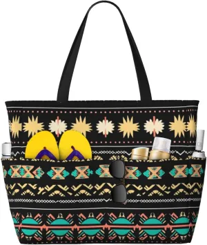 Ethnic Geome Pattern Print 28L Large Beach Tote Bag, 7 Pockets Waterproof Travel Shoulder Bag, Gym Oversized Tote