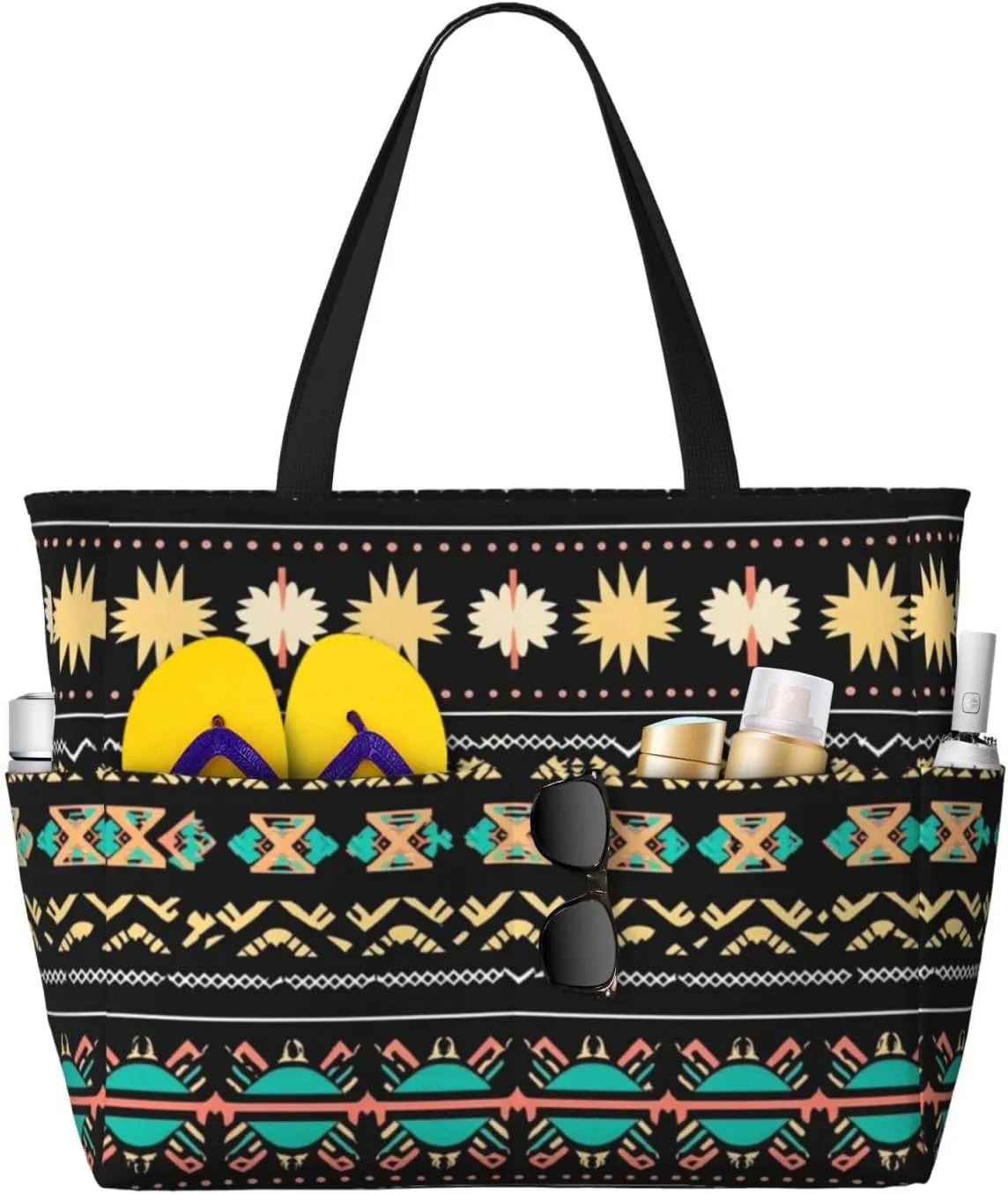 Ethnic Geome Pattern Print 28L Large Beach Tote Bag, 7 Pockets Waterproof Travel Shoulder Bag, Gym Oversized Tote