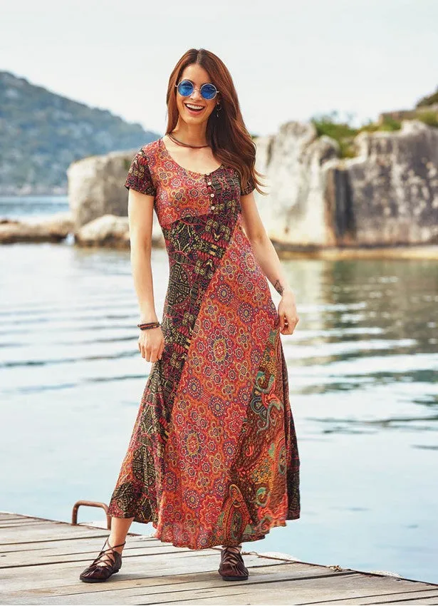 ETHNIC PATTERNED PATCHWORK MAXI DRESS