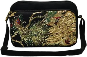 Ethnic Peacock Embroidered Canvas Shoulder Bag - Women's Crossbody Coin Purse