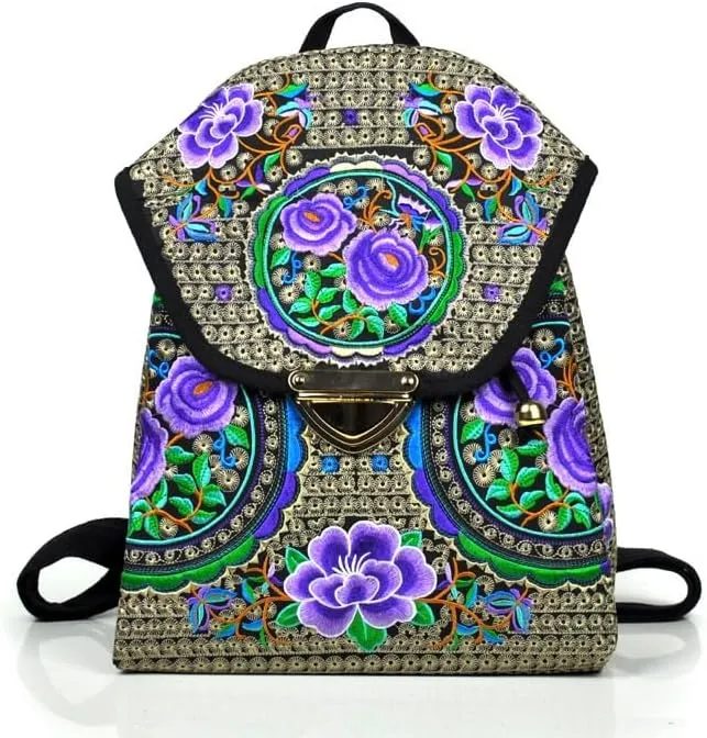 Ethnic Style Bag Canvas Embroidered Embroidered Women's Shoulder Bag With Buckle Backpack(Purple)