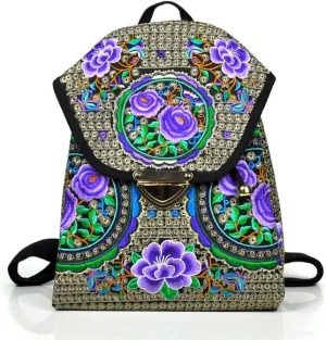 Ethnic Style Bag Canvas Embroidered Embroidered Women's Shoulder Bag With Buckle Backpack(Purple)
