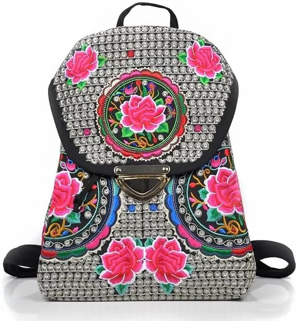 Ethnic Style Bag Canvas Embroidered Embroidered Women's Shoulder Bag With Buckle Backpack(Purple)
