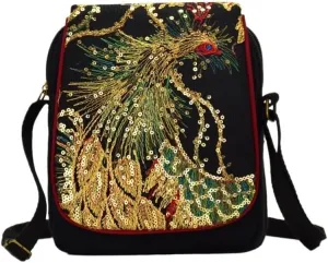 Ethnic Style Peacock Embroidered Canvas Shoulder Crossbody Bag Small Handbag For Women