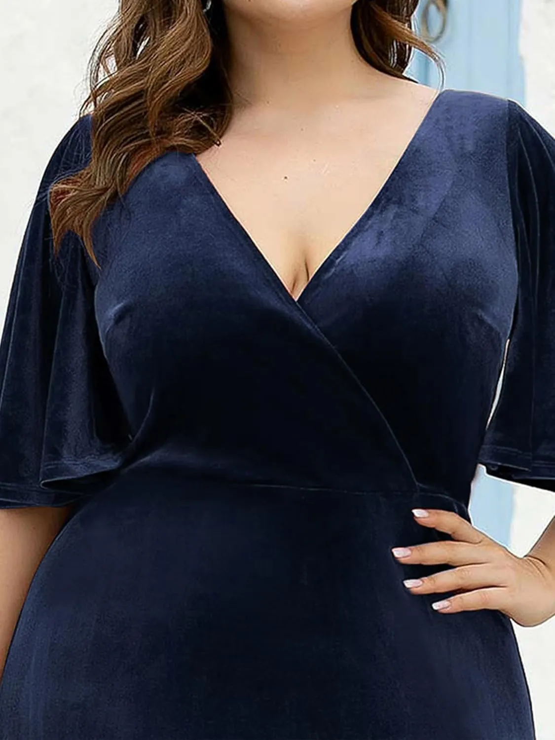 Ever-Pretty Plus Women's V Neck Velvet A Line Half Sleeves Floor Length Winter Plus Size Formal Evening Dresses 00861-DAPH