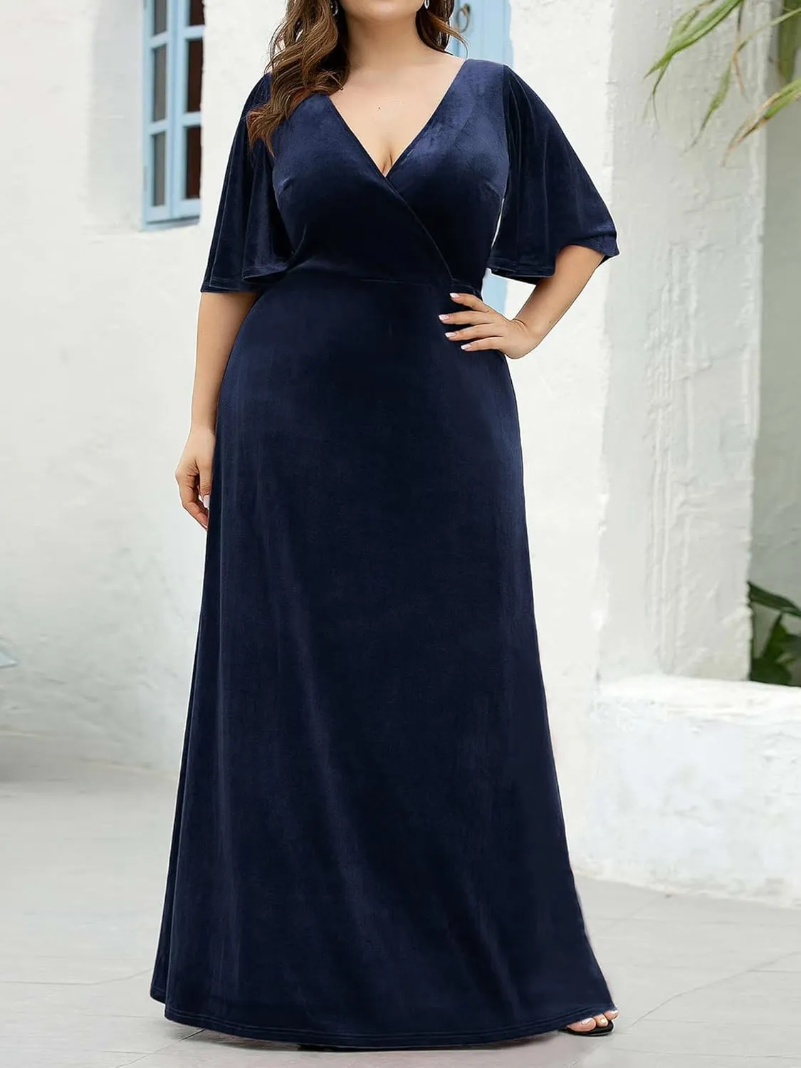 Ever-Pretty Plus Women's V Neck Velvet A Line Half Sleeves Floor Length Winter Plus Size Formal Evening Dresses 00861-DAPH