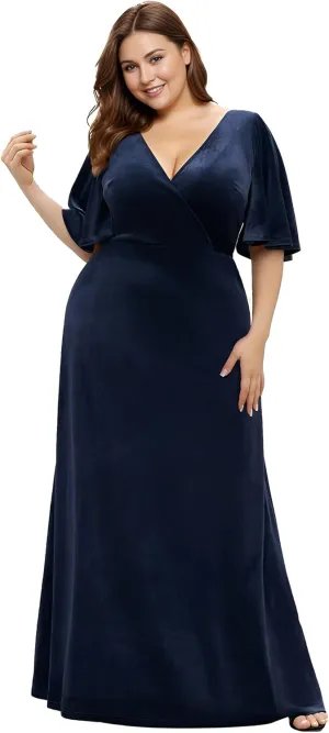 Ever-Pretty Plus Women's V Neck Velvet A Line Half Sleeves Floor Length Winter Plus Size Formal Evening Dresses 00861-DAPH