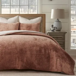 EVERGRACE Velvet Quilt Set Queen Size, Luxurious Soft Bedding Sets, Lightweight Velvet Comforter for All Season, Striped Channel Bedspread Coverlet with 2 Shams, Terracotta Clay
