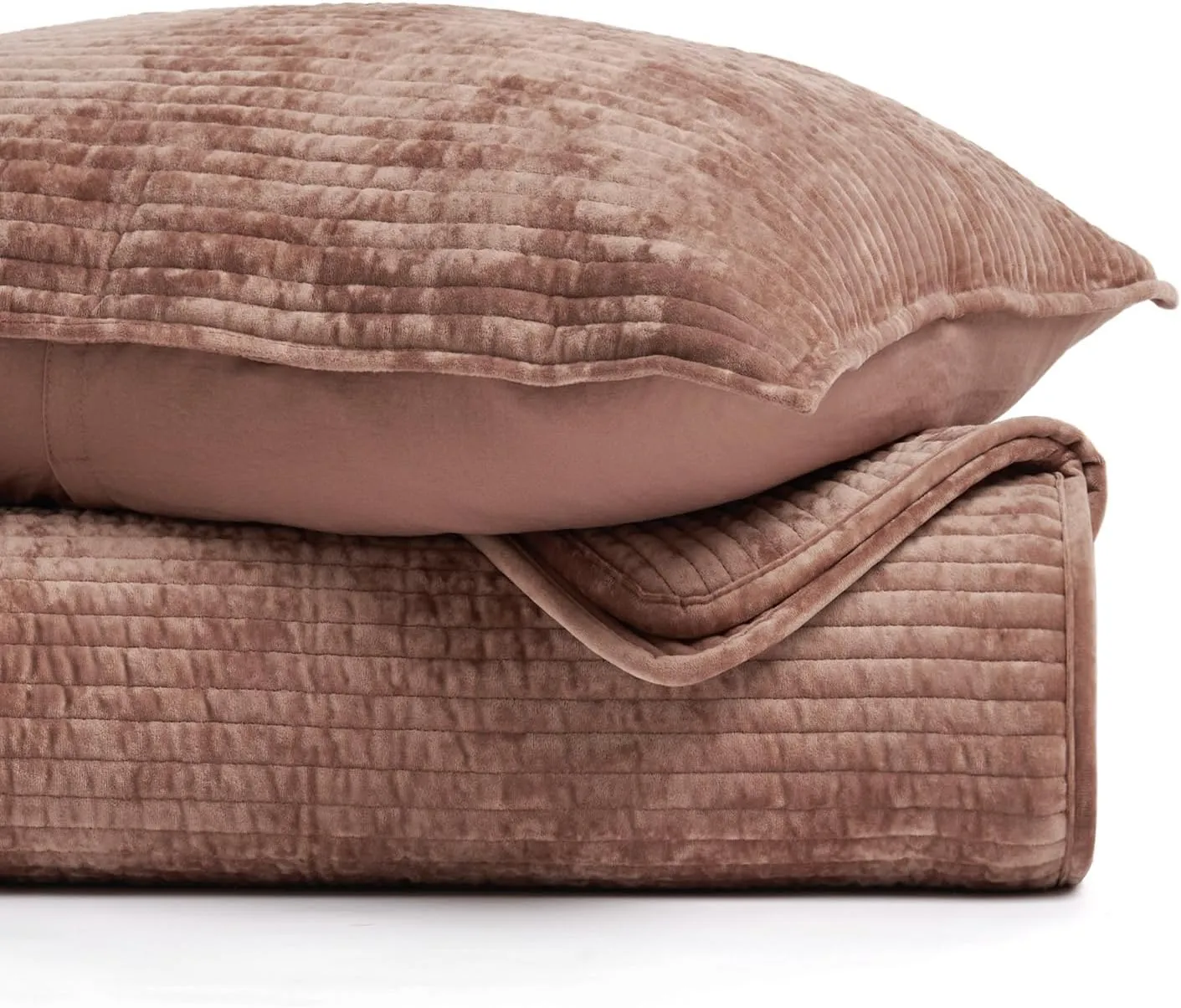 EVERGRACE Velvet Quilt Set Queen Size, Luxurious Soft Bedding Sets, Lightweight Velvet Comforter for All Season, Striped Channel Bedspread Coverlet with 2 Shams, Terracotta Clay