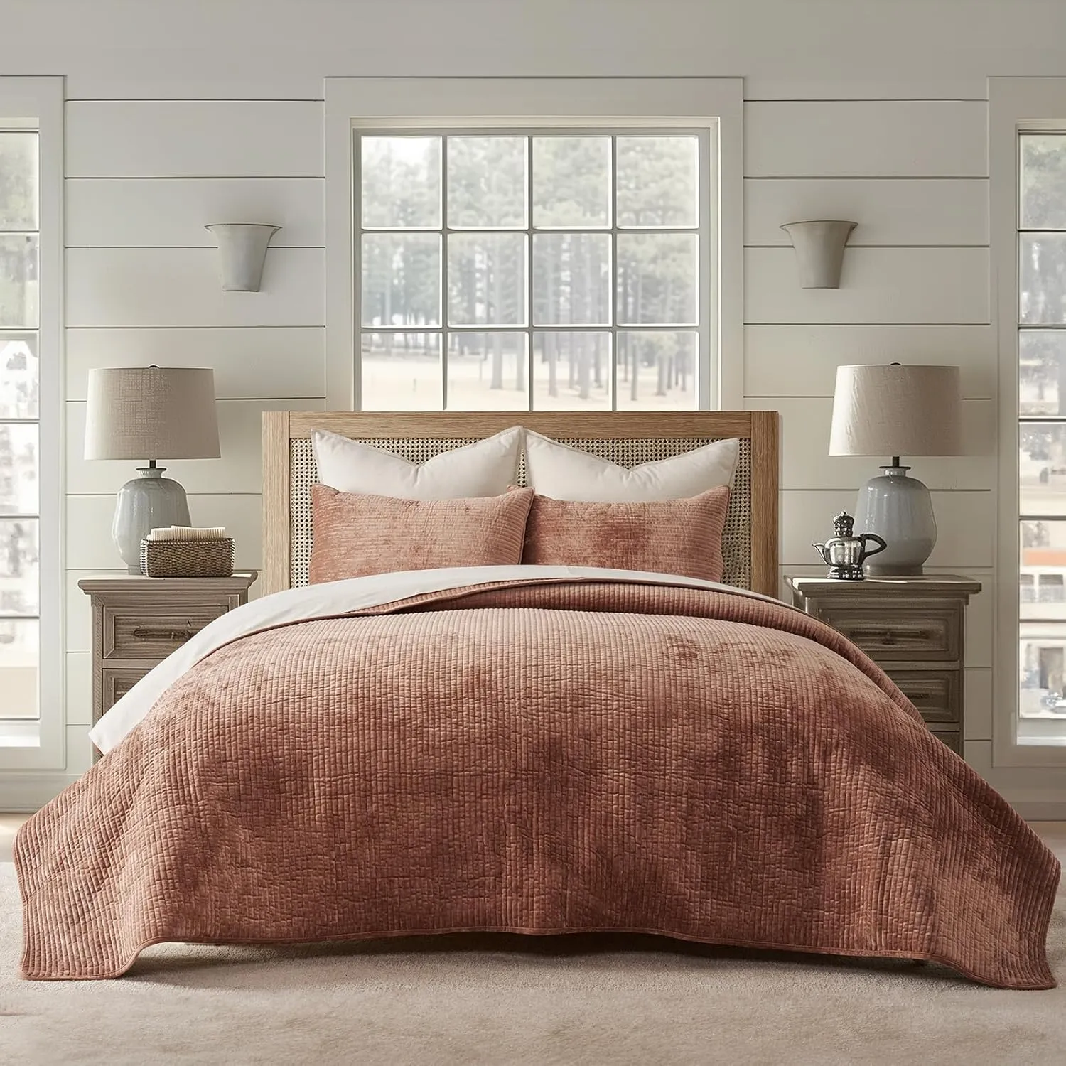 EVERGRACE Velvet Quilt Set Queen Size, Luxurious Soft Bedding Sets, Lightweight Velvet Comforter for All Season, Striped Channel Bedspread Coverlet with 2 Shams, Terracotta Clay