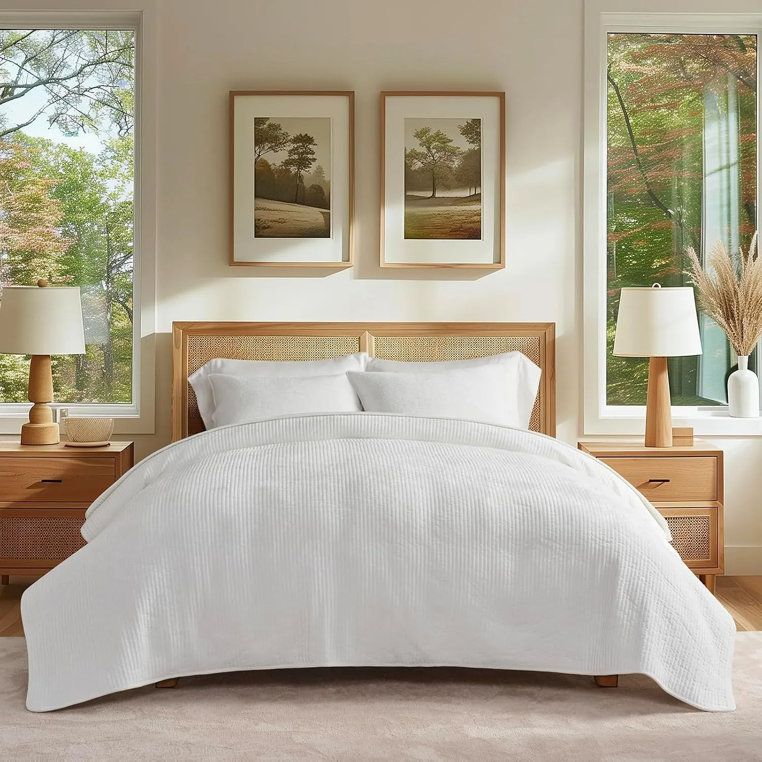 EVERGRACE Velvet Quilt Set Queen Size, Luxurious Soft Quilted Bedding Sets, Lightweight Velvet Comforter for All Season, Striped Channel Bedspread Coverlet with 2 Shams, Bright White