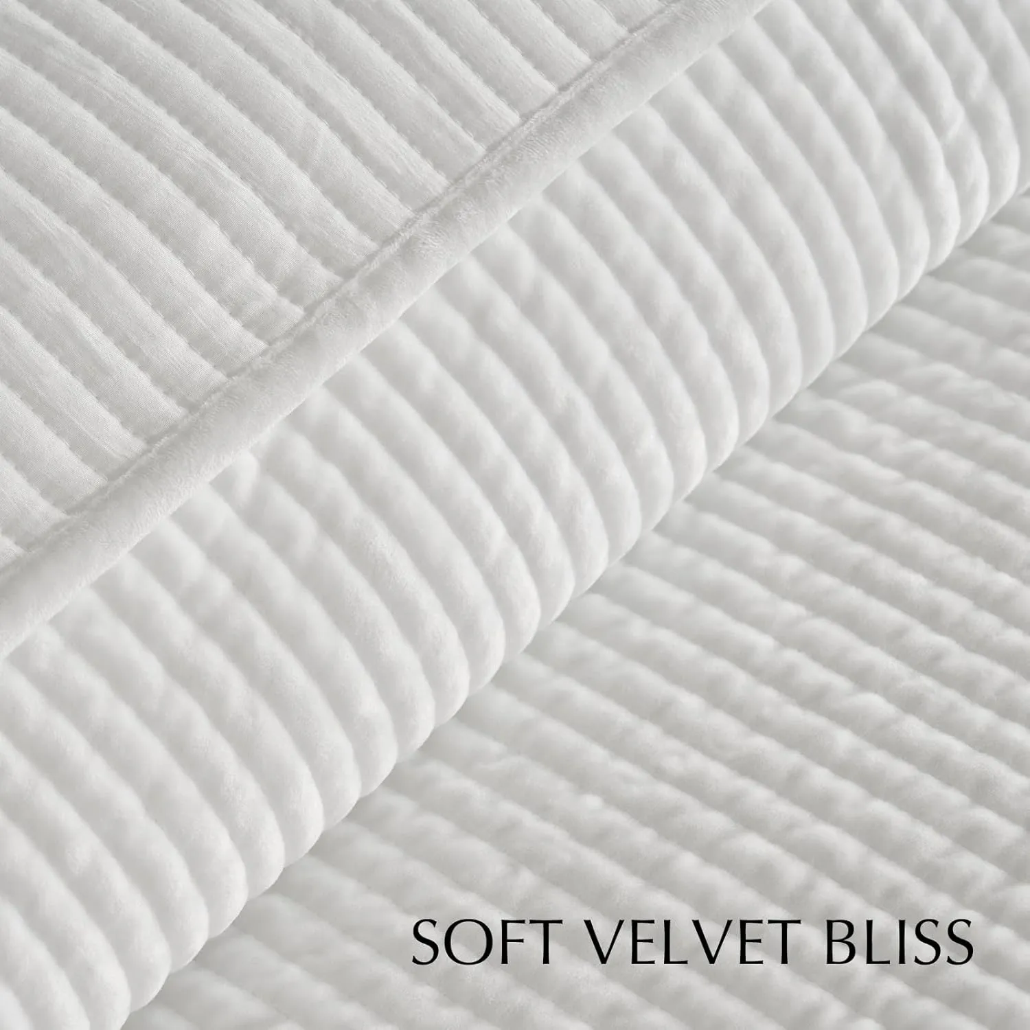 EVERGRACE Velvet Quilt Set Queen Size, Luxurious Soft Quilted Bedding Sets, Lightweight Velvet Comforter for All Season, Striped Channel Bedspread Coverlet with 2 Shams, Bright White