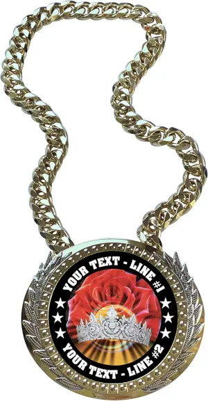 Express Medals Metal Version Beauty Home Coming Queen Champ Chain Trophy with 2 Lines of Personalized Custom Text on a Large Award Medal and Attached 34 inch Long Metal Neck Chain. MY405