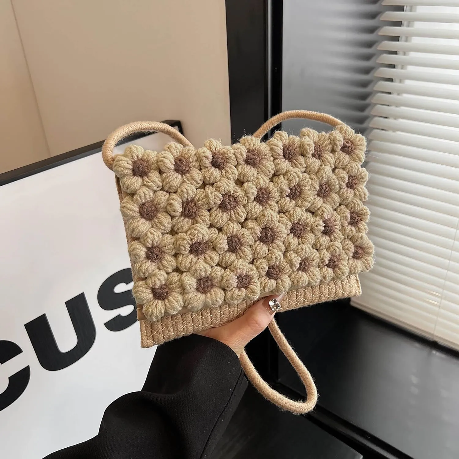 FALETO Small Flower Pearls Handwoven Handbag Crochet Crossbody Bags for women Bohemian Cotton Envelope Clutch Purse
