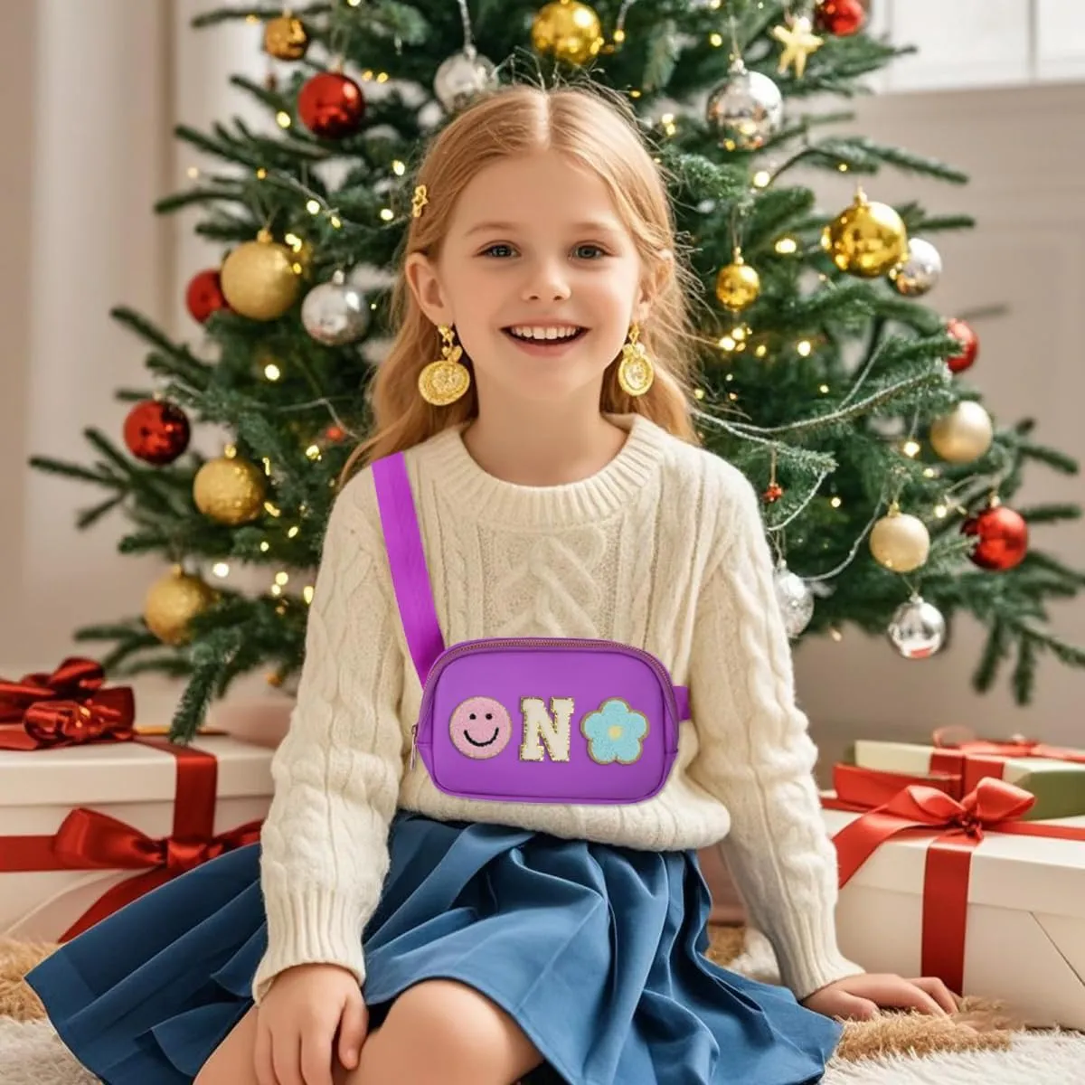 Fanny Pack for Girls Purple Kid Crossbody Bag Chenille N Letter Preppy Belt Bag, Christmas Birthday Easter Gifts for Teen Daughter Sister, Personalized Nylon Purse for 4 5 6 7 8 9 10 Year Old Girls