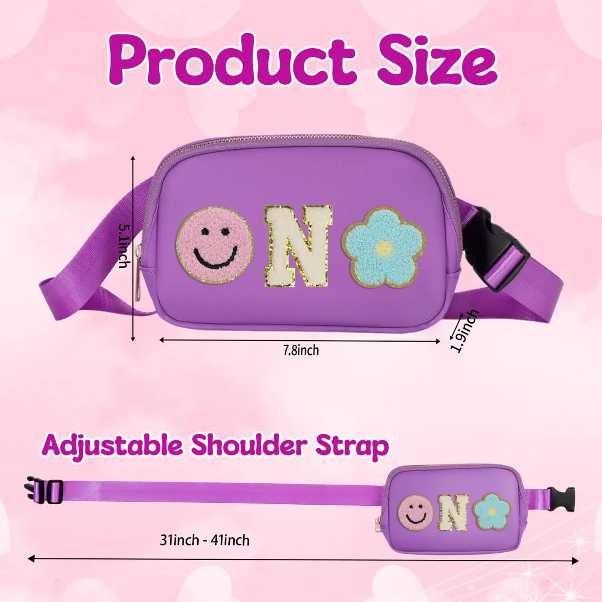 Fanny Pack for Girls Purple Kid Crossbody Bag Chenille N Letter Preppy Belt Bag, Christmas Birthday Easter Gifts for Teen Daughter Sister, Personalized Nylon Purse for 4 5 6 7 8 9 10 Year Old Girls