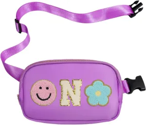 Fanny Pack for Girls Purple Kid Crossbody Bag Chenille N Letter Preppy Belt Bag, Christmas Birthday Easter Gifts for Teen Daughter Sister, Personalized Nylon Purse for 4 5 6 7 8 9 10 Year Old Girls