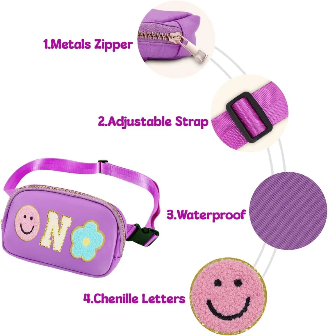 Fanny Pack for Girls Purple Kid Crossbody Bag Chenille N Letter Preppy Belt Bag, Christmas Birthday Easter Gifts for Teen Daughter Sister, Personalized Nylon Purse for 4 5 6 7 8 9 10 Year Old Girls