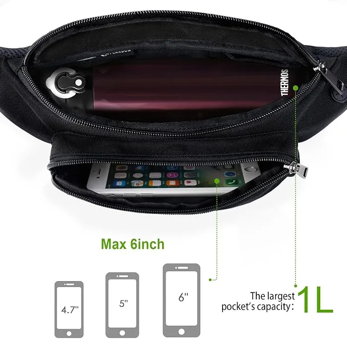 Fanny Pack for Men Women,Crossbody Waist Bag Pack,Belt Bag for Travel Walking Running Hiking Cycling,Easy Carry Any Phone,Wallet, Black, One Size