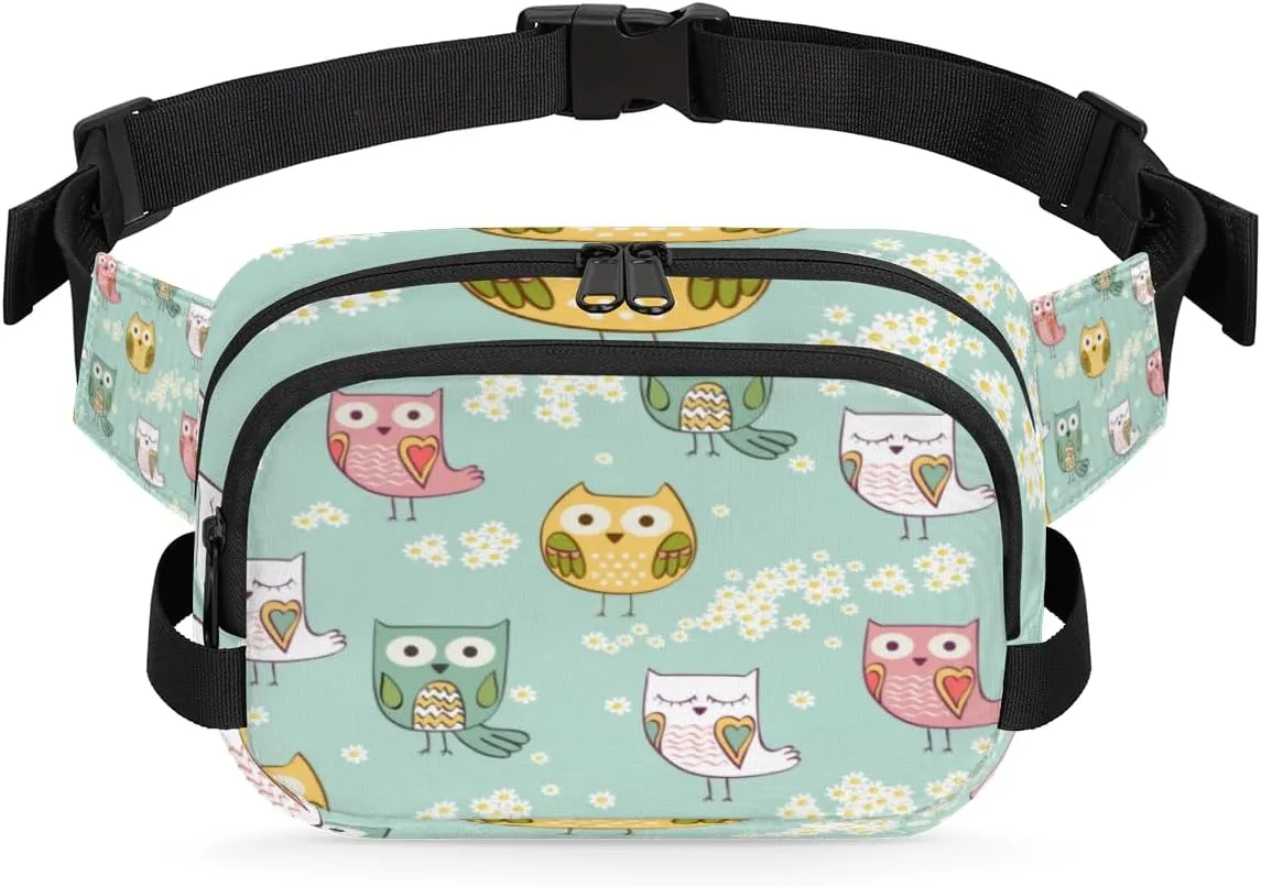 Fanny Pack for Women Men Cute Owls Paint Crossbody Belt Bag with 3 Zipper Pockets Fashion Waterproof Waist Pack with Adjustable Strap for Travel Running Hiking Cycling