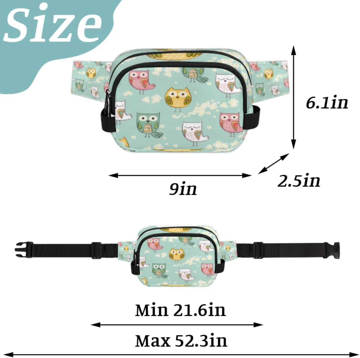 Fanny Pack for Women Men Cute Owls Paint Crossbody Belt Bag with 3 Zipper Pockets Fashion Waterproof Waist Pack with Adjustable Strap for Travel Running Hiking Cycling