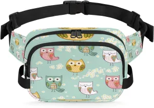 Fanny Pack for Women Men Cute Owls Paint Crossbody Belt Bag with 3 Zipper Pockets Fashion Waterproof Waist Pack with Adjustable Strap for Travel Running Hiking Cycling