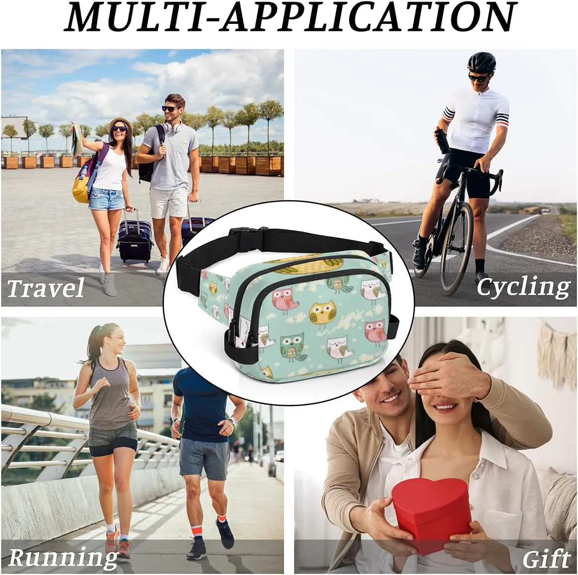 Fanny Pack for Women Men Cute Owls Paint Crossbody Belt Bag with 3 Zipper Pockets Fashion Waterproof Waist Pack with Adjustable Strap for Travel Running Hiking Cycling