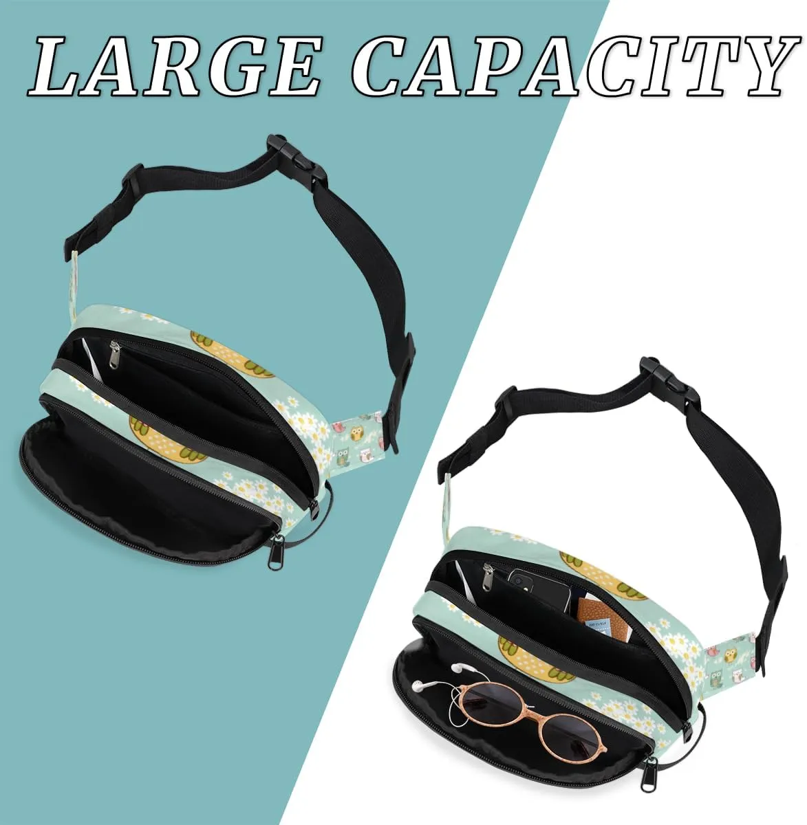 Fanny Pack for Women Men Cute Owls Paint Crossbody Belt Bag with 3 Zipper Pockets Fashion Waterproof Waist Pack with Adjustable Strap for Travel Running Hiking Cycling
