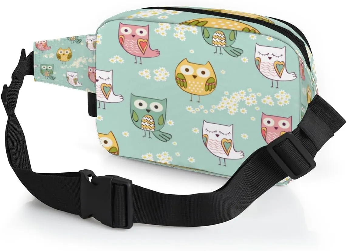 Fanny Pack for Women Men Cute Owls Paint Crossbody Belt Bag with 3 Zipper Pockets Fashion Waterproof Waist Pack with Adjustable Strap for Travel Running Hiking Cycling
