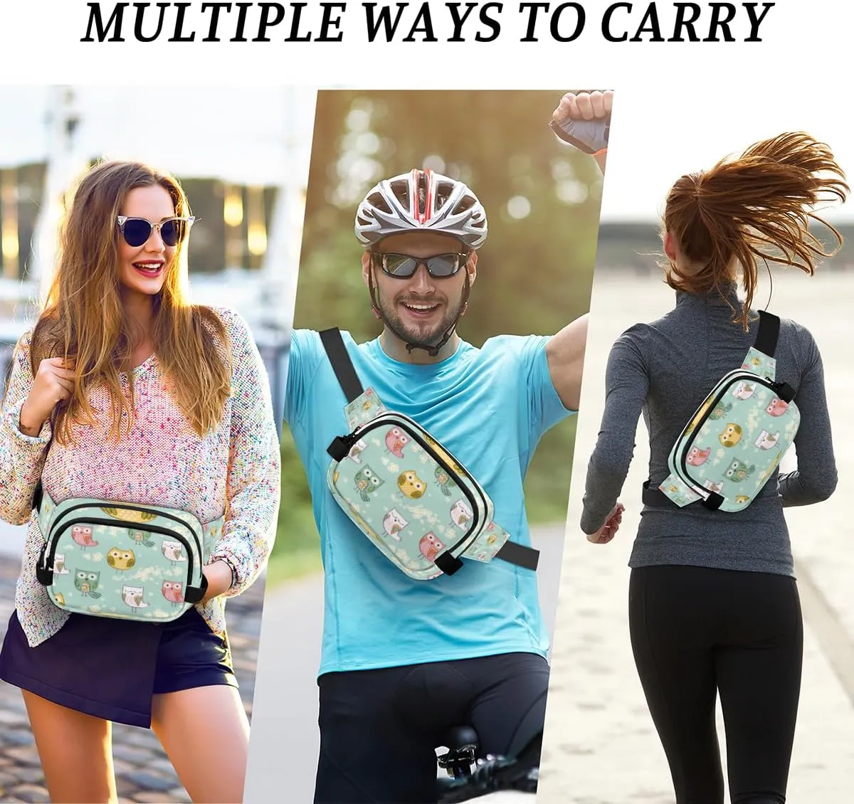 Fanny Pack for Women Men Cute Owls Paint Crossbody Belt Bag with 3 Zipper Pockets Fashion Waterproof Waist Pack with Adjustable Strap for Travel Running Hiking Cycling