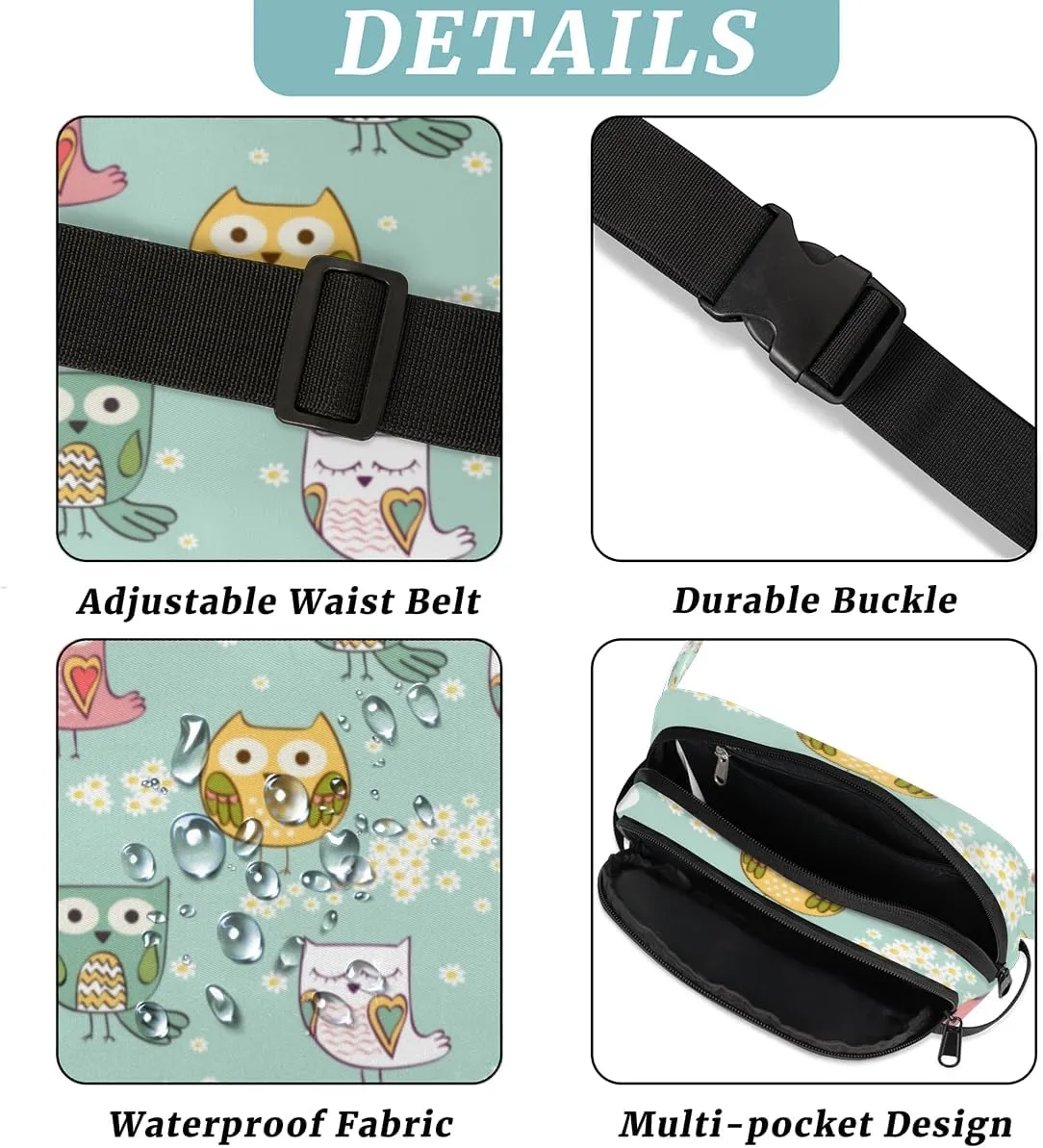 Fanny Pack for Women Men Cute Owls Paint Crossbody Belt Bag with 3 Zipper Pockets Fashion Waterproof Waist Pack with Adjustable Strap for Travel Running Hiking Cycling