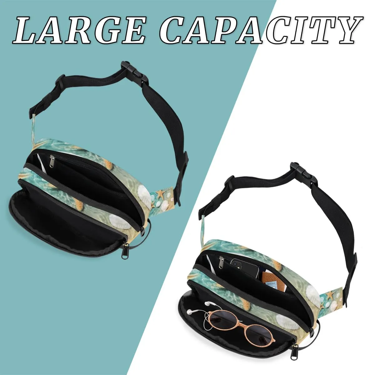 Fanny Pack for Women Men Cute Seashell Paint Crossbody Belt Bag with 3 Zipper Pockets Fashion Waterproof Waist Pack with Adjustable Strap for Travel Running Hiking Cycling
